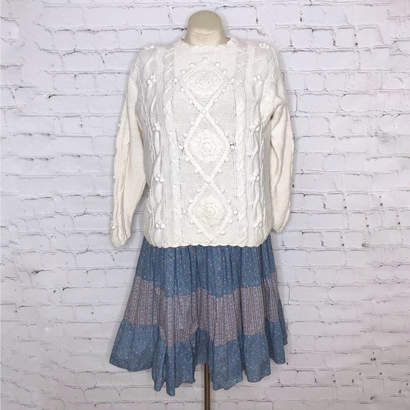Vintage Sweaters - Vintage 80s Cotton Sweater White Cottage Core Pullover Bubble Yarnworks Size M